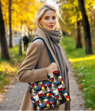 Krāsaina iepirkumu soma ar kaķu rakstu