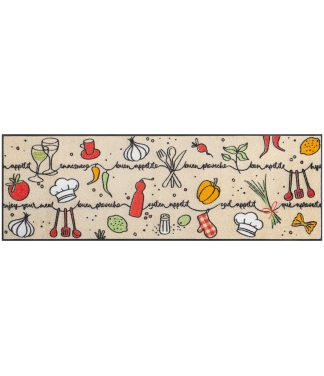 ilgas sviesus kiliminis takas virtuvei su uzrasu