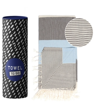 mėlynas juodas paplūdimio pledas juostuostas kaip dovana