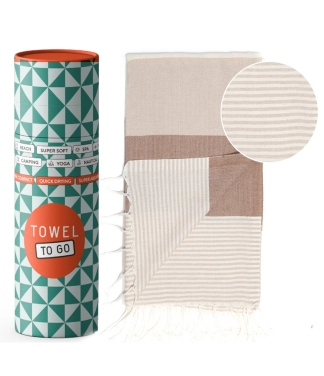 smėlio spalvos juostuotas paplūdimio rankšluostis kaip dovana