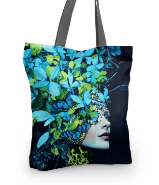 gėlėtas pirkinių krepšys juoda mėlyna