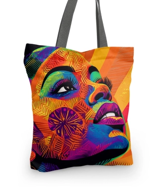 pirkinių krepšys ryškios spalvos moters siluetas