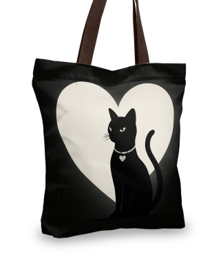 juodas pirkinių krepšys su katinu ir širdele