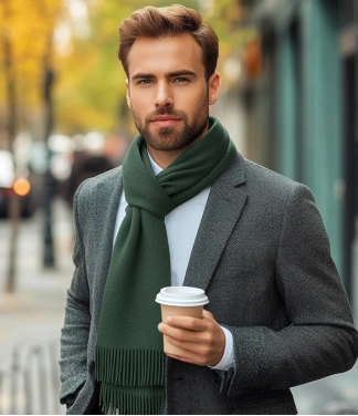 žalias vilnonis šalikas ir stilingas vyras su paltu