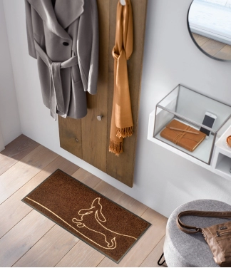 rudas durų kilimėlis su taksu prie durų