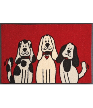 Sarkans durvju paklājs mājām kurās ir kucēni Three Dogs