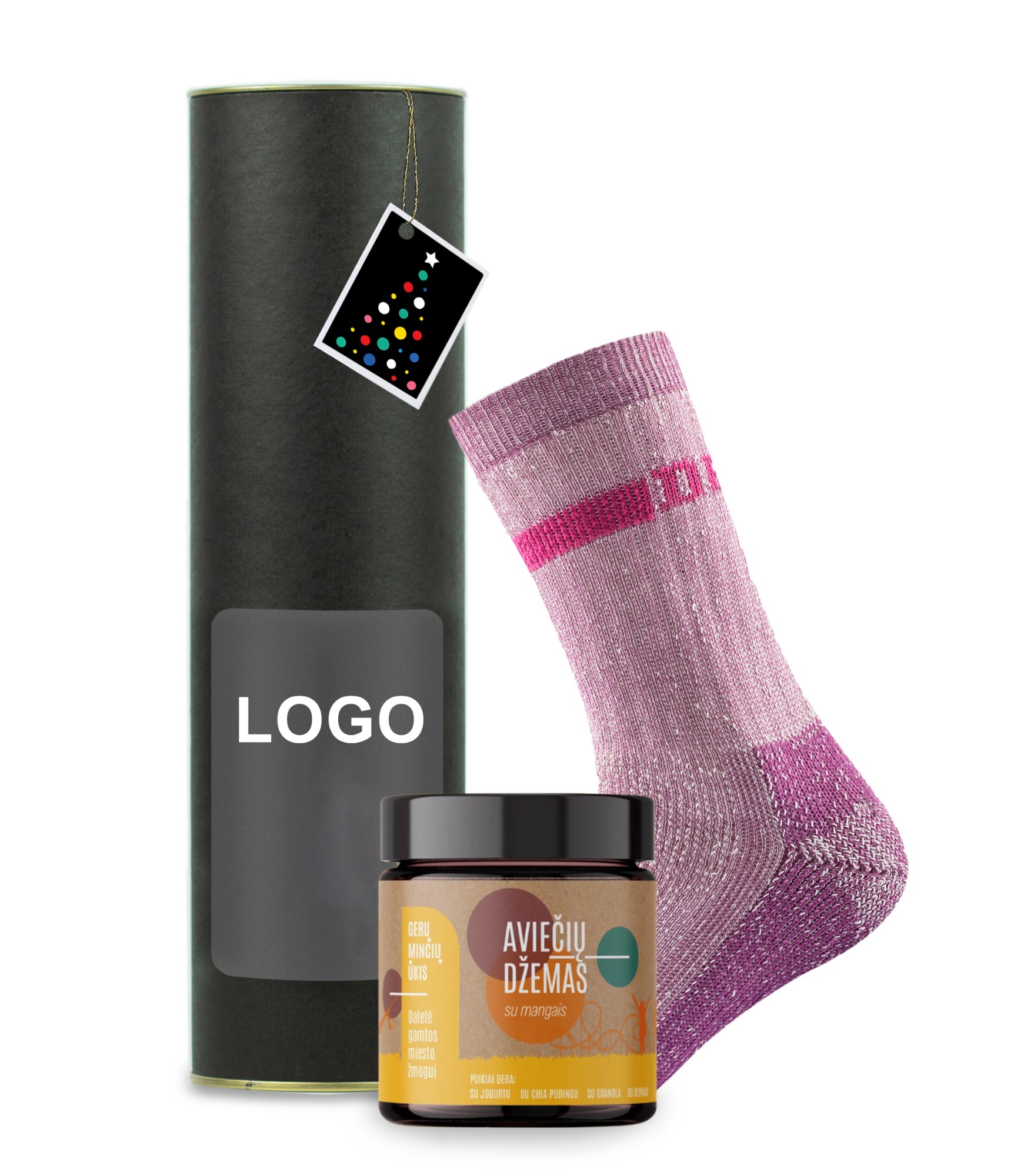 Ziemassvētku biznesa dāvana vilnas zeķes un aveņu ievārījums