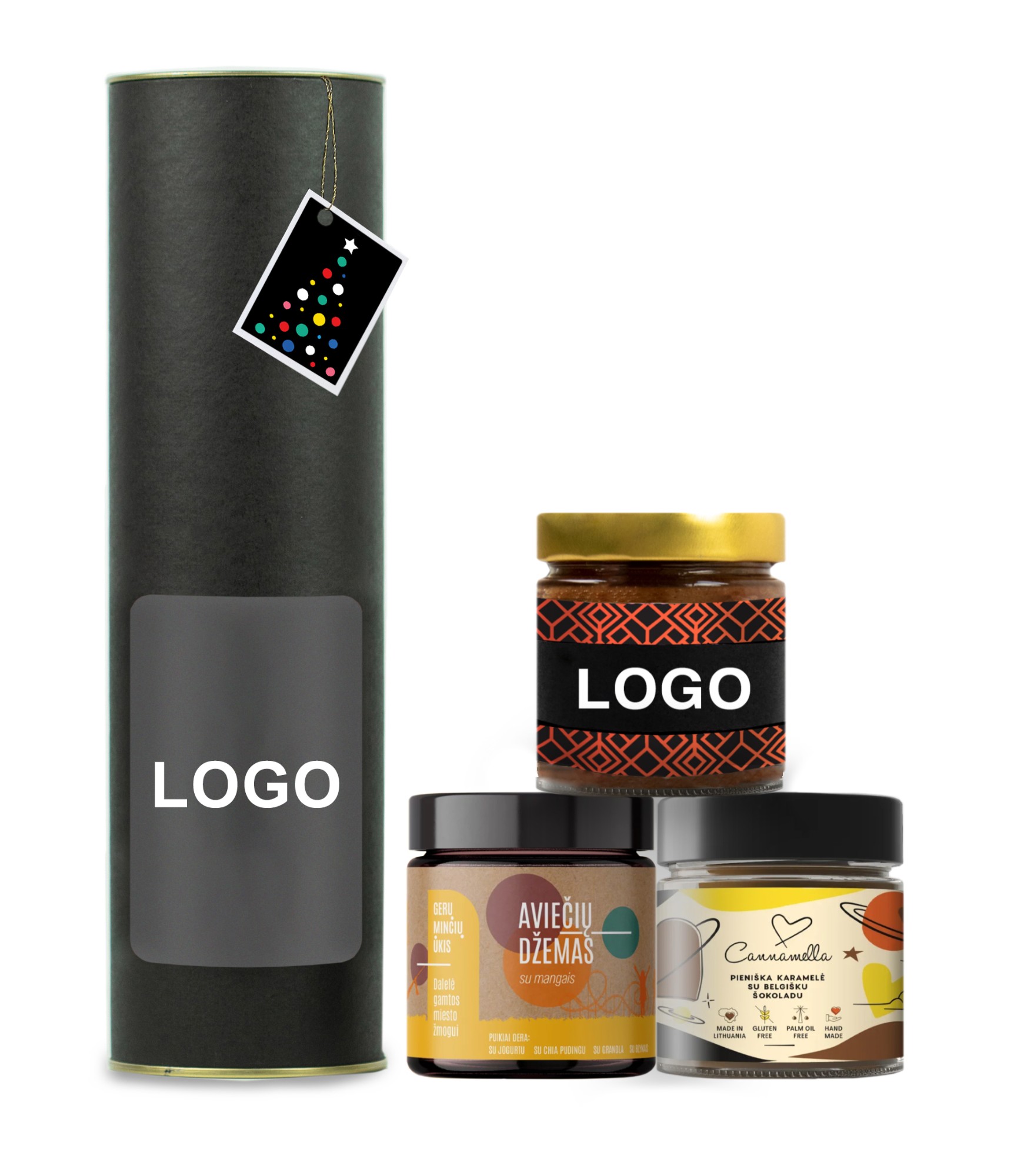 Ziemassvētku biznesa dāvana medus, aveņu ievārījums un karamele