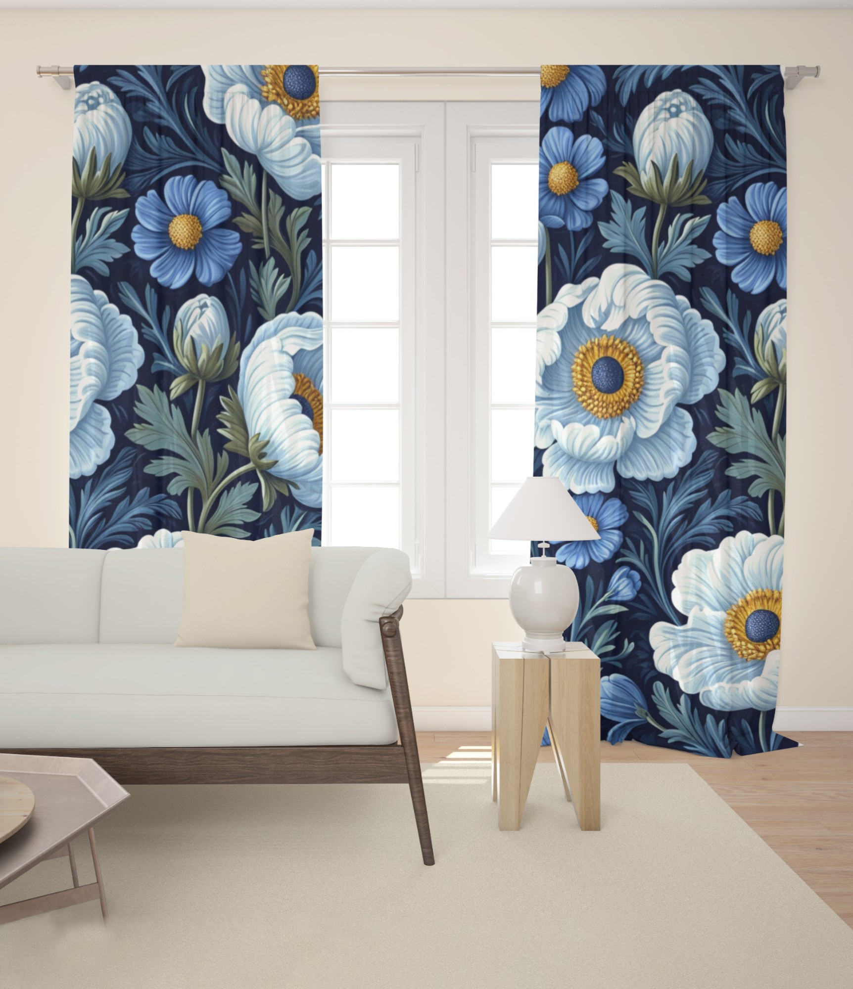 Dienas aizkars Blue Peonies 2 užuolaidos dieninės mėlynos su bijūnais 2