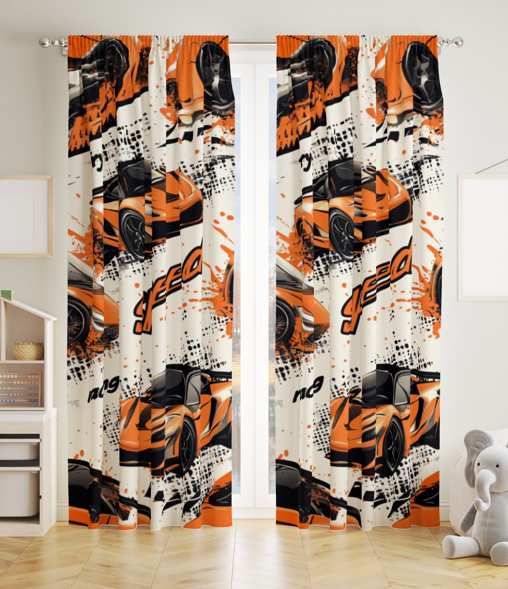 vaikiškos užuolaidos su automobiliais