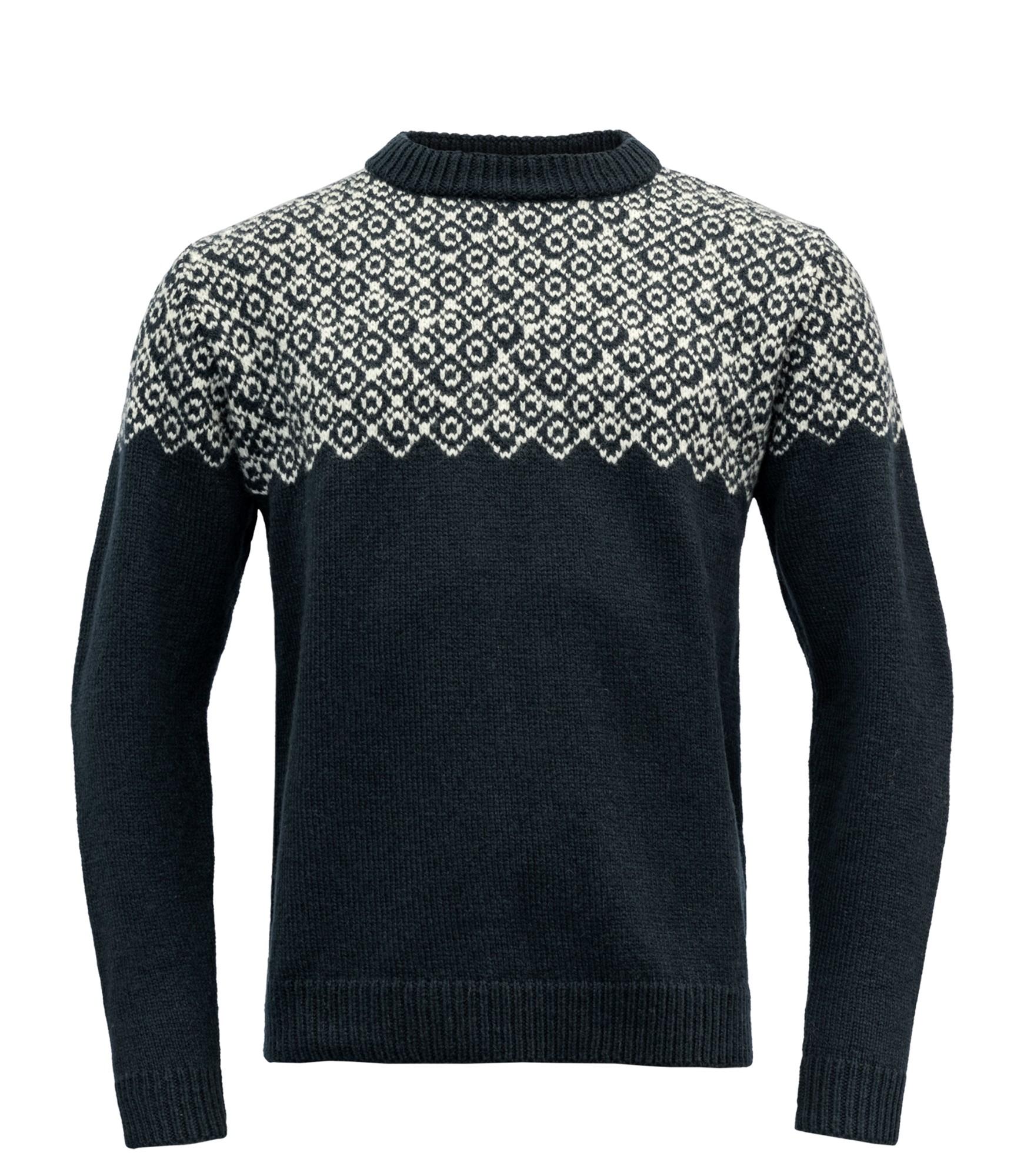 tamsiai mėlynas vilnonis megztinis devold