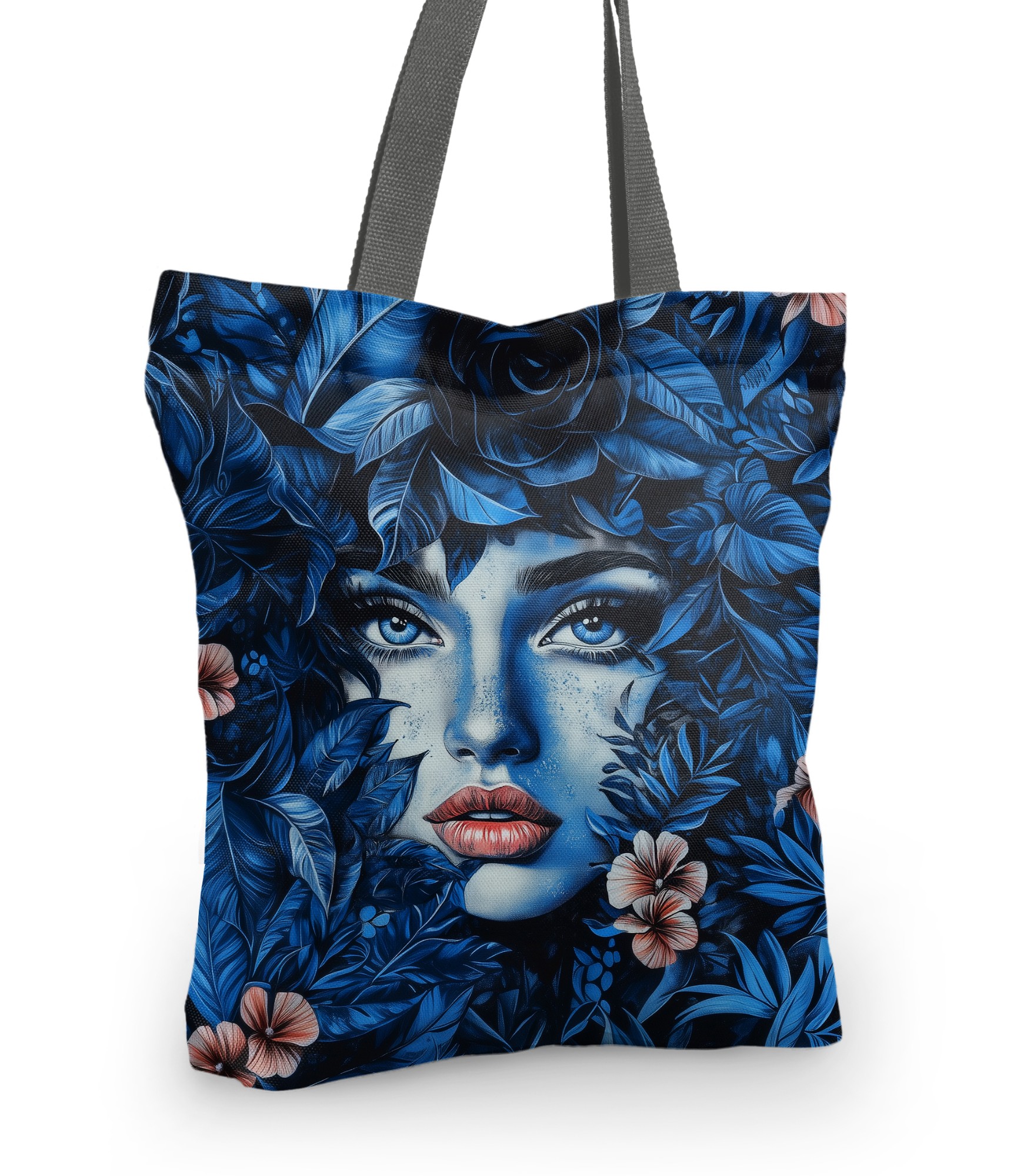 mėlynas gėlėtas pirkinių krepšys su moters veidu