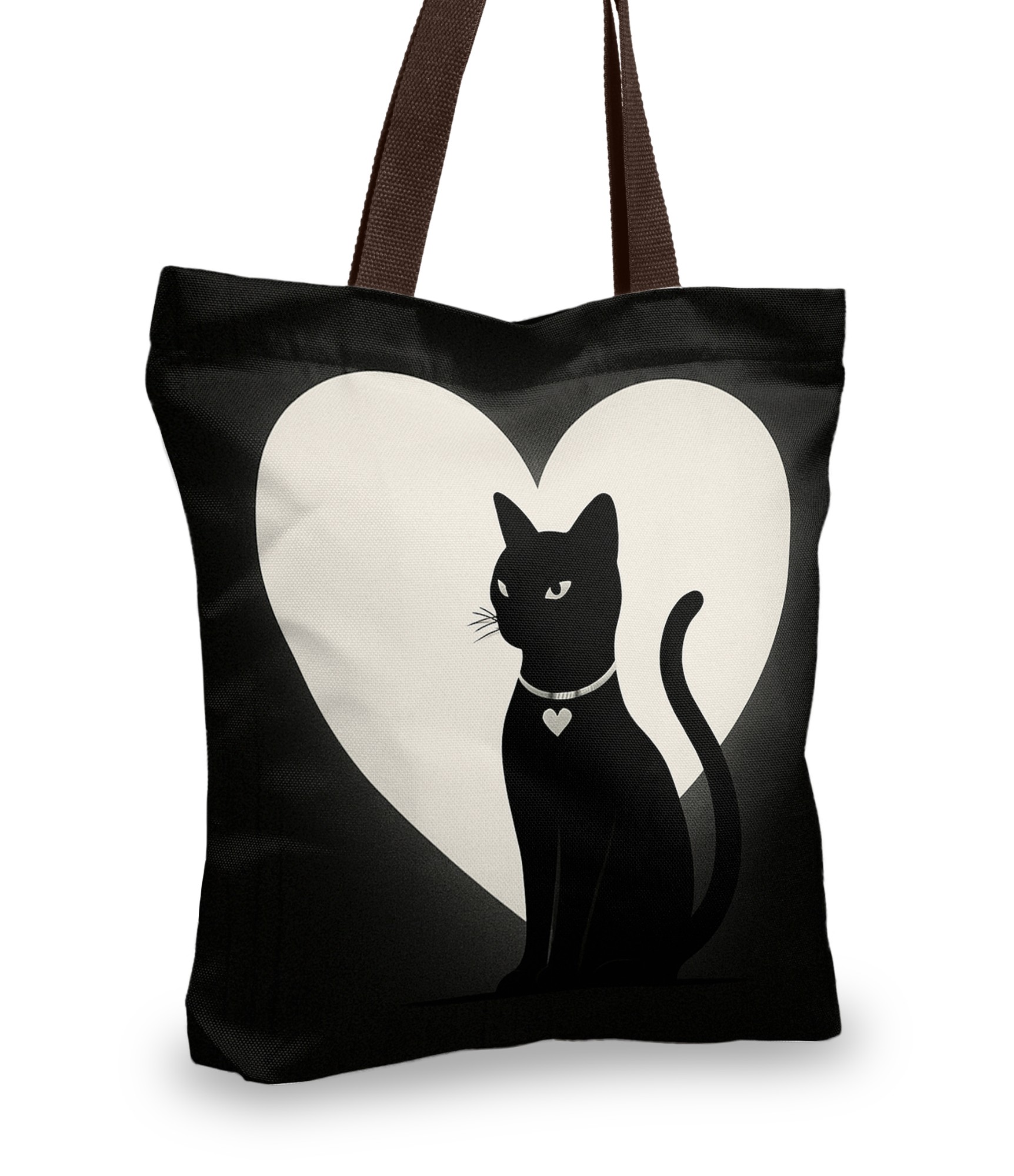 juodas pirkinių krepšys su katinu ir širdele