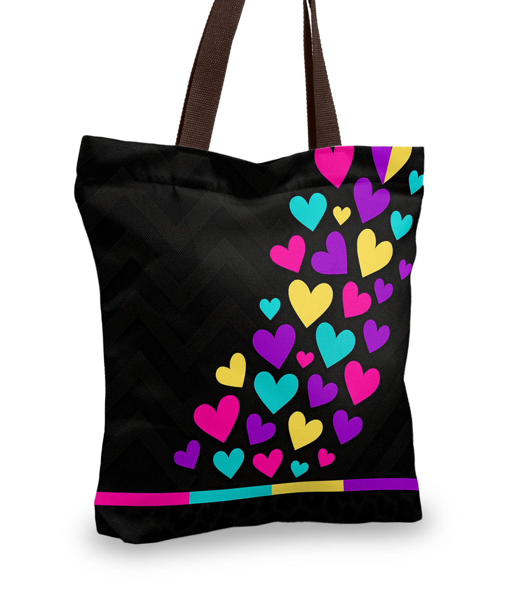 juodas pirkinių krepšys su širdelėmis spalvotomis
