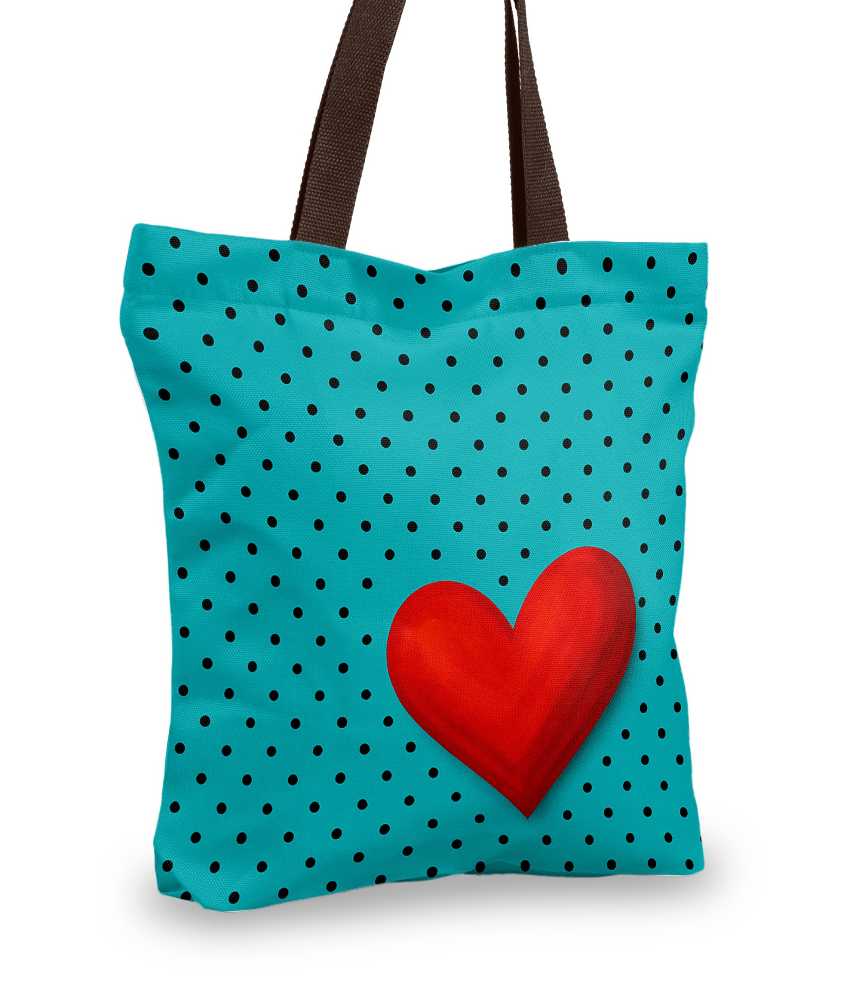 taškuotas pirkinių krepšys ir raudona širdelė