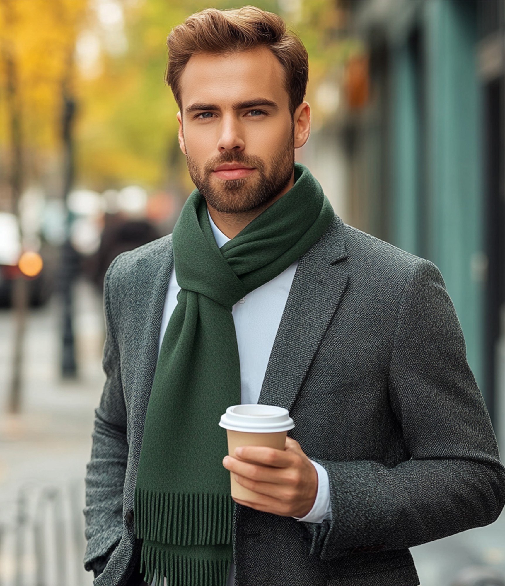 žalias vilnonis šalikas ir stilingas vyras su paltu