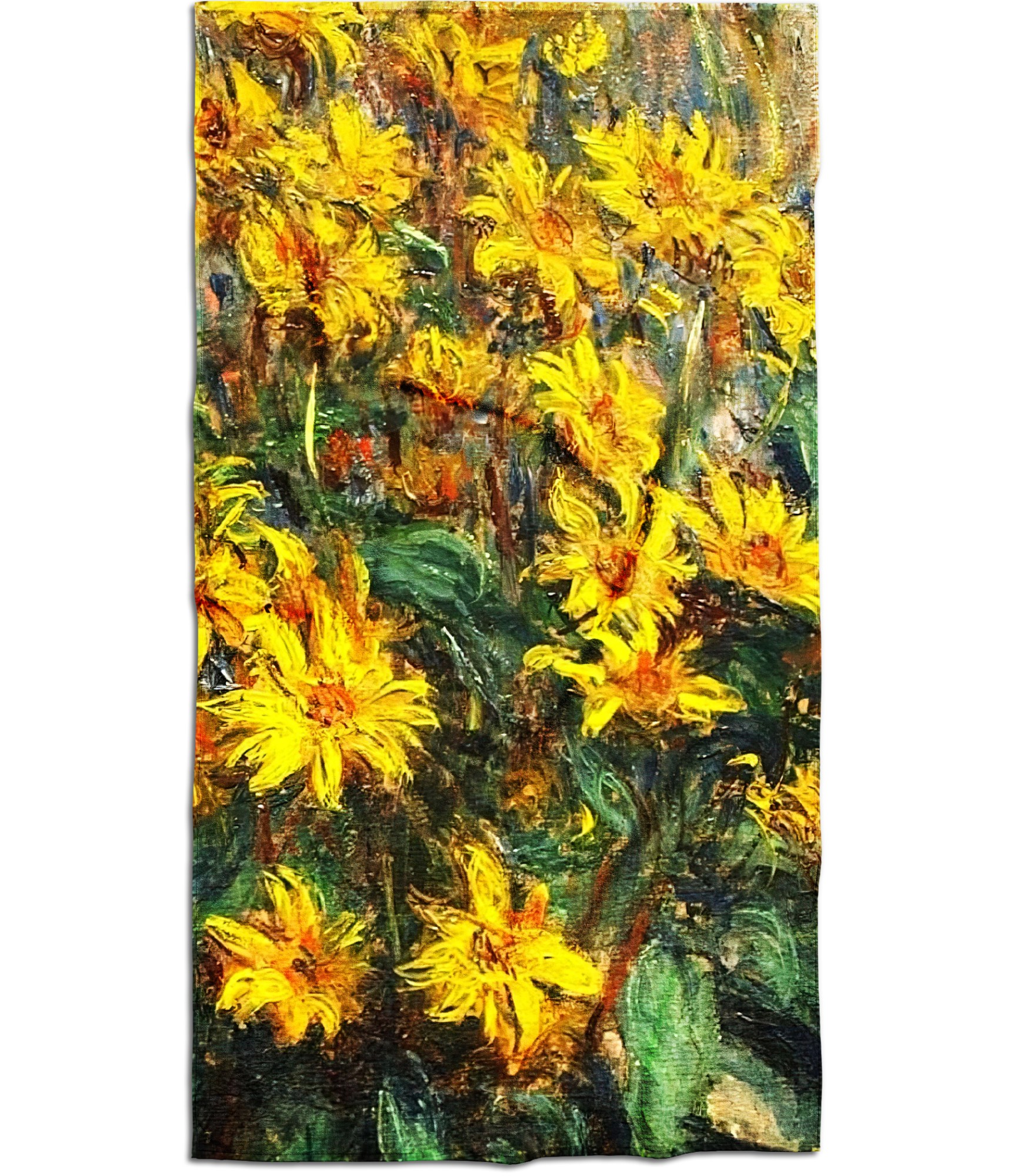 stilingas paplūdimio rankšluostis su geltonomis gėlėmis