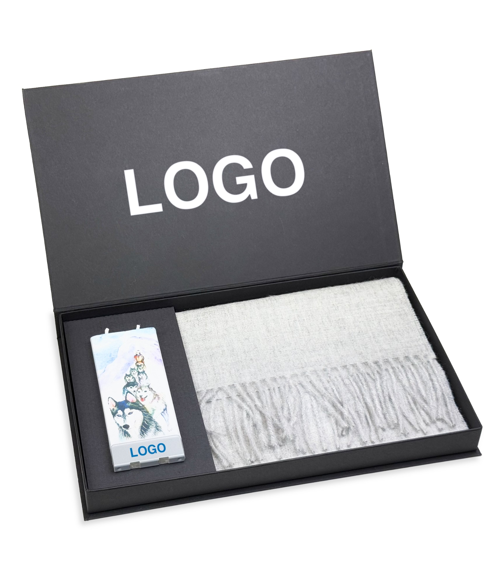 Verslo dovanų komplektas – alpakos šalikas, žvakė ir juoda dėžutė