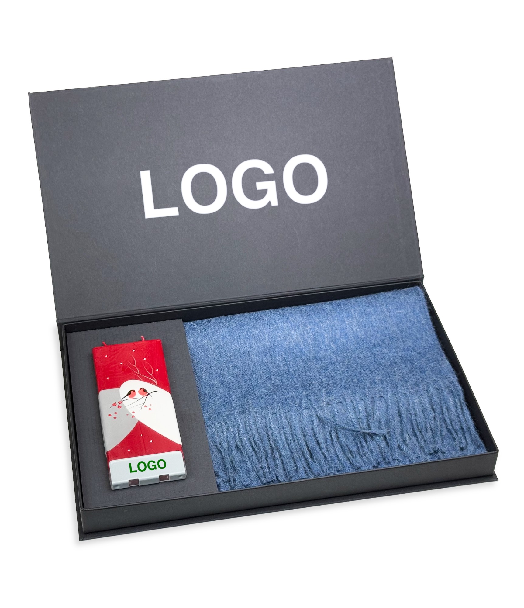 Personalizuotos verslo dovanos – alpakos vilnos šalikas ir žvakė