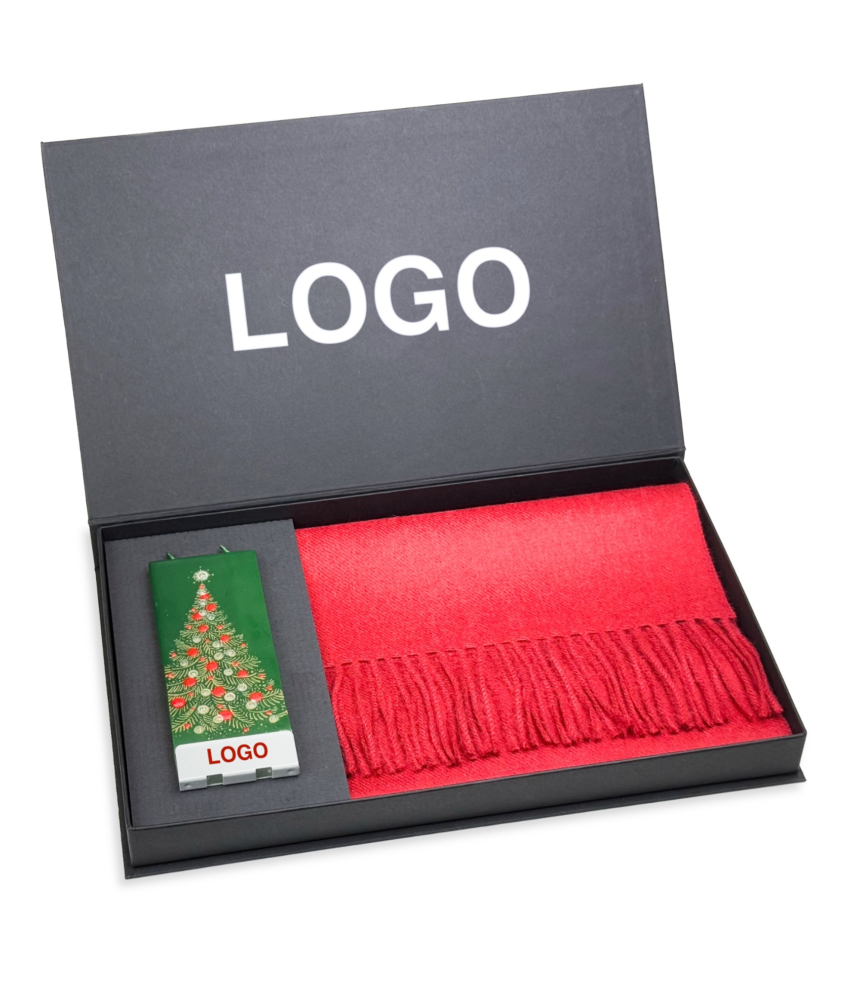 Verslo dovanos įmonėms alpakos vilnos šalikas ir žvakė juodoje dėžutėje