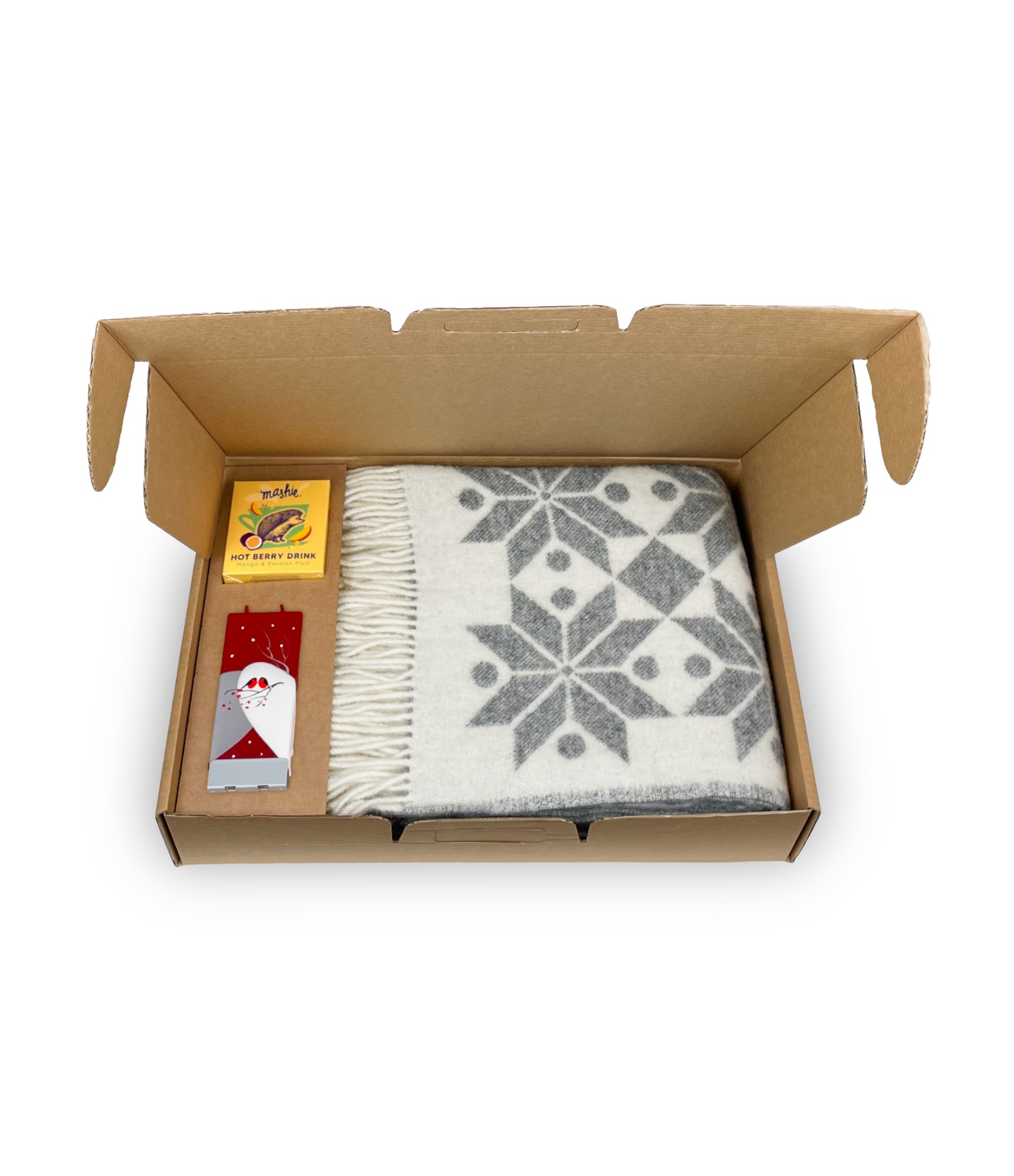 dovanu rinkinys vilnonis pledas kalėdinė žvakė ir arbata