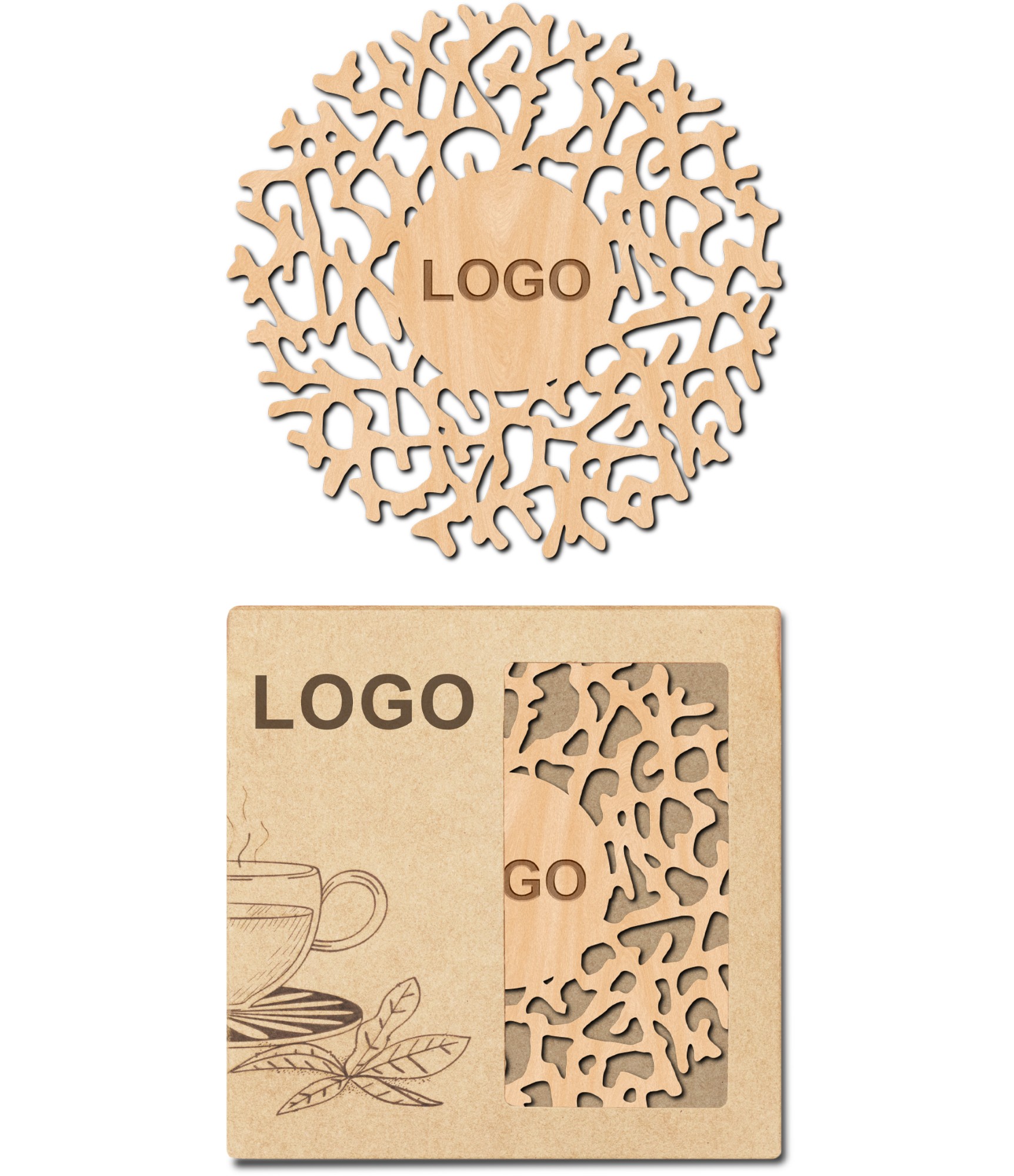 Verslo dovanų idėjos padėkliukai ir dėžutė su įmonės logotipu