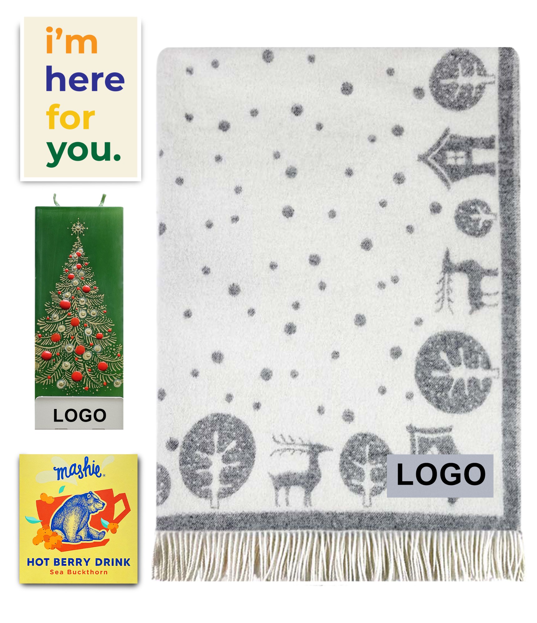 Kalėdinės verslo dovanos vilnonis pledas, žvakė ir arbata